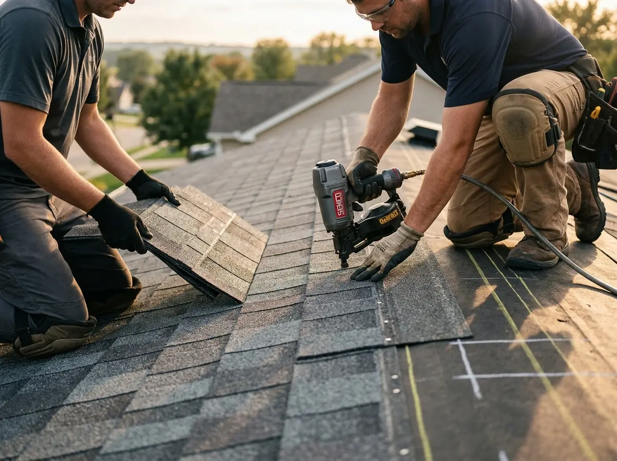 Professional roofer working on a residential roof in Avenal